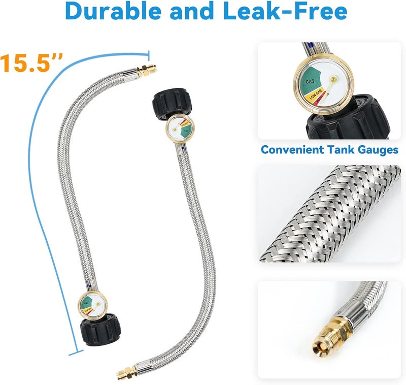 Skyflame مجموعة منظم غاز البروبان الأوتوماتيكي ذو المرحلتين مع 2 قطعة من العدادات وخرطوم توصيل مضفر بطول 12 بوصة لخزانات البروبان المزدوجة لمقطورات RV وكامبر - Image 4